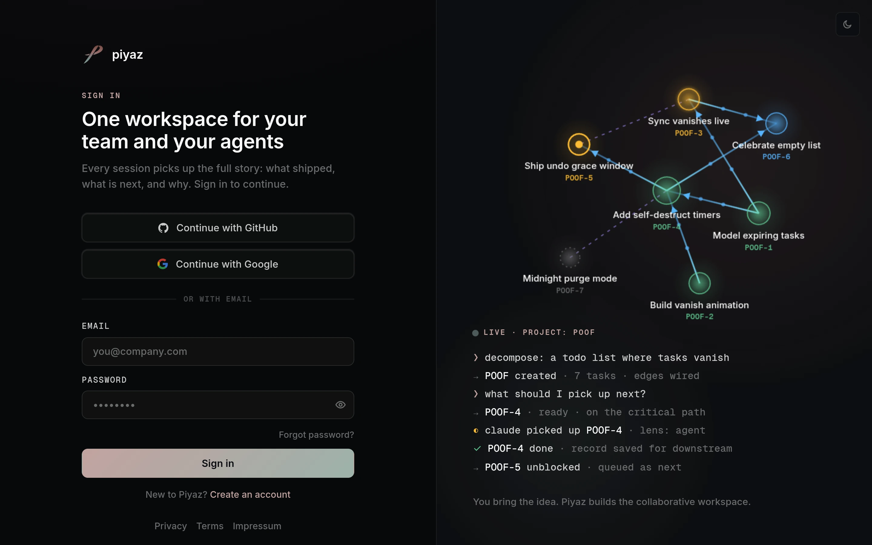 The Piyaz sign-in page with email and password fields and a live product demo panel