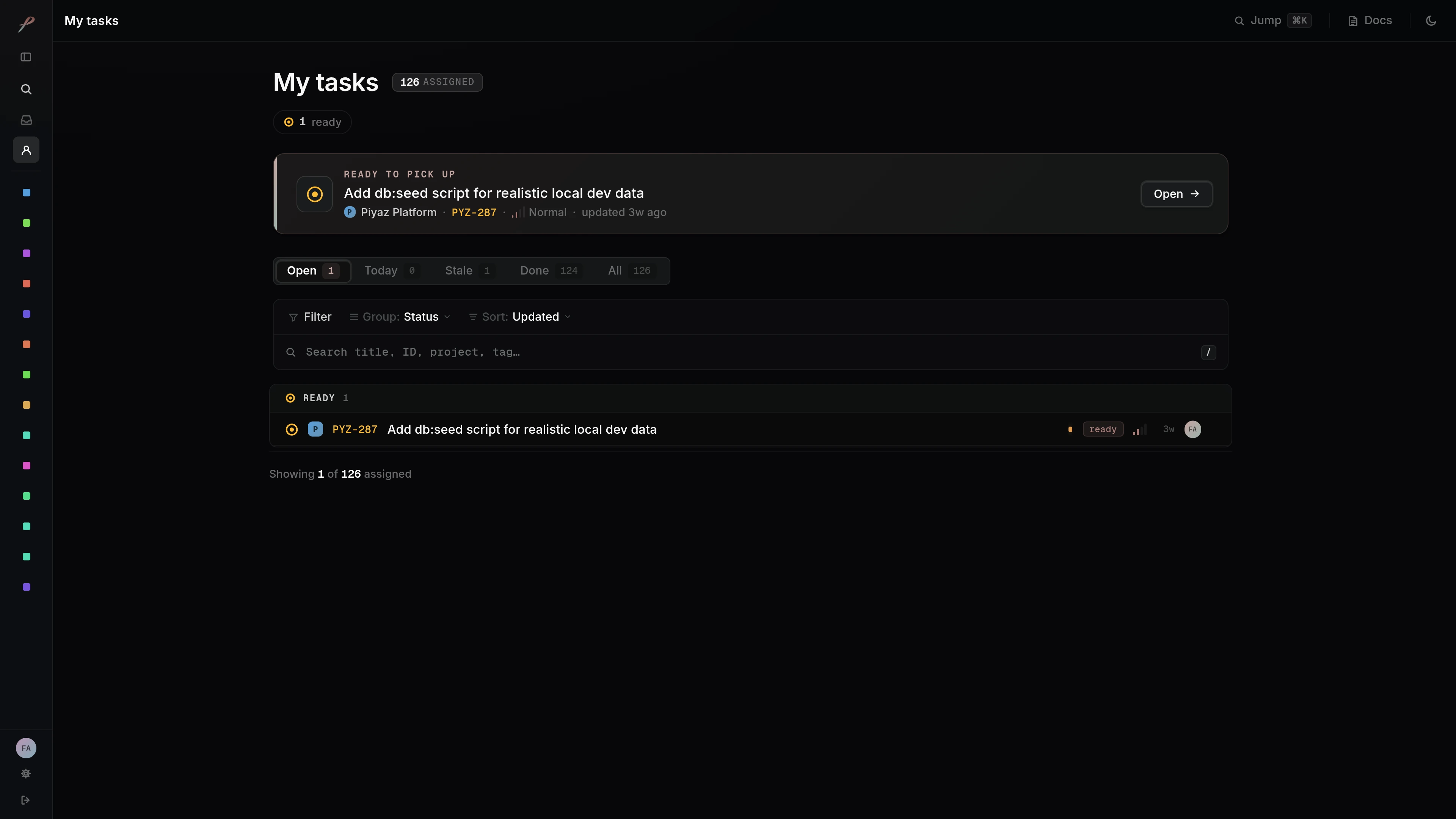 The My Tasks page with the ready to pick up banner, saved view tabs, and the assigned task list
