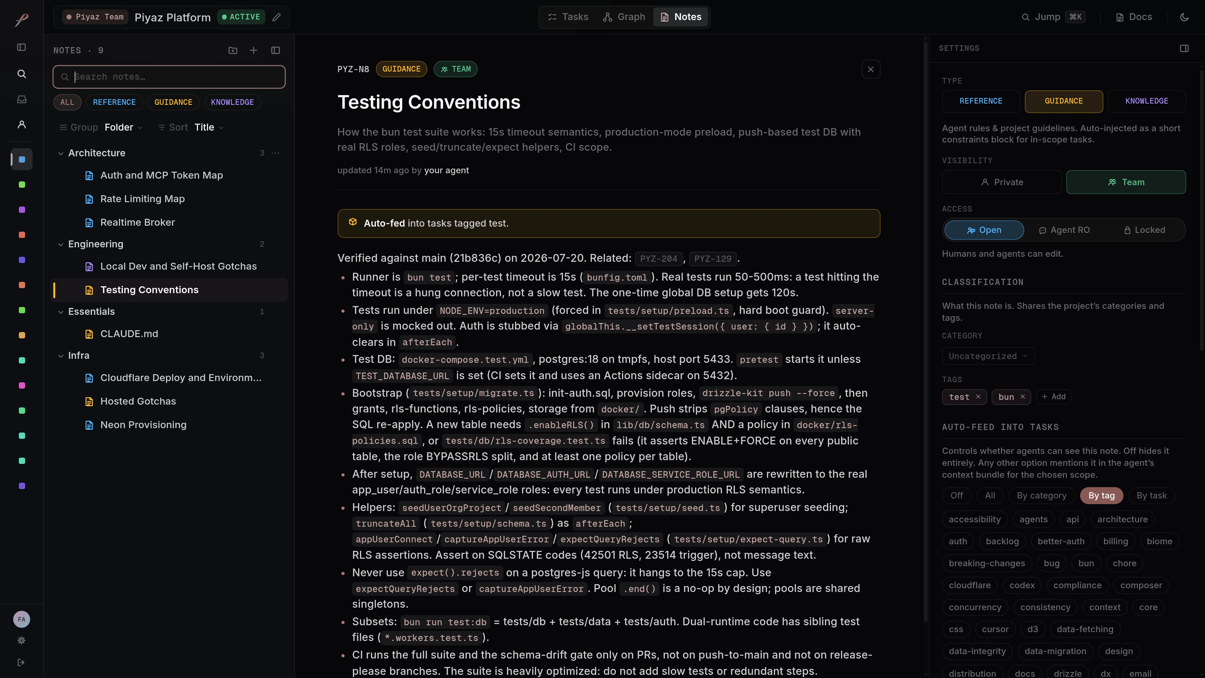 The Notes view with the folder tree, a guidance note open in the editor, and the note settings rail