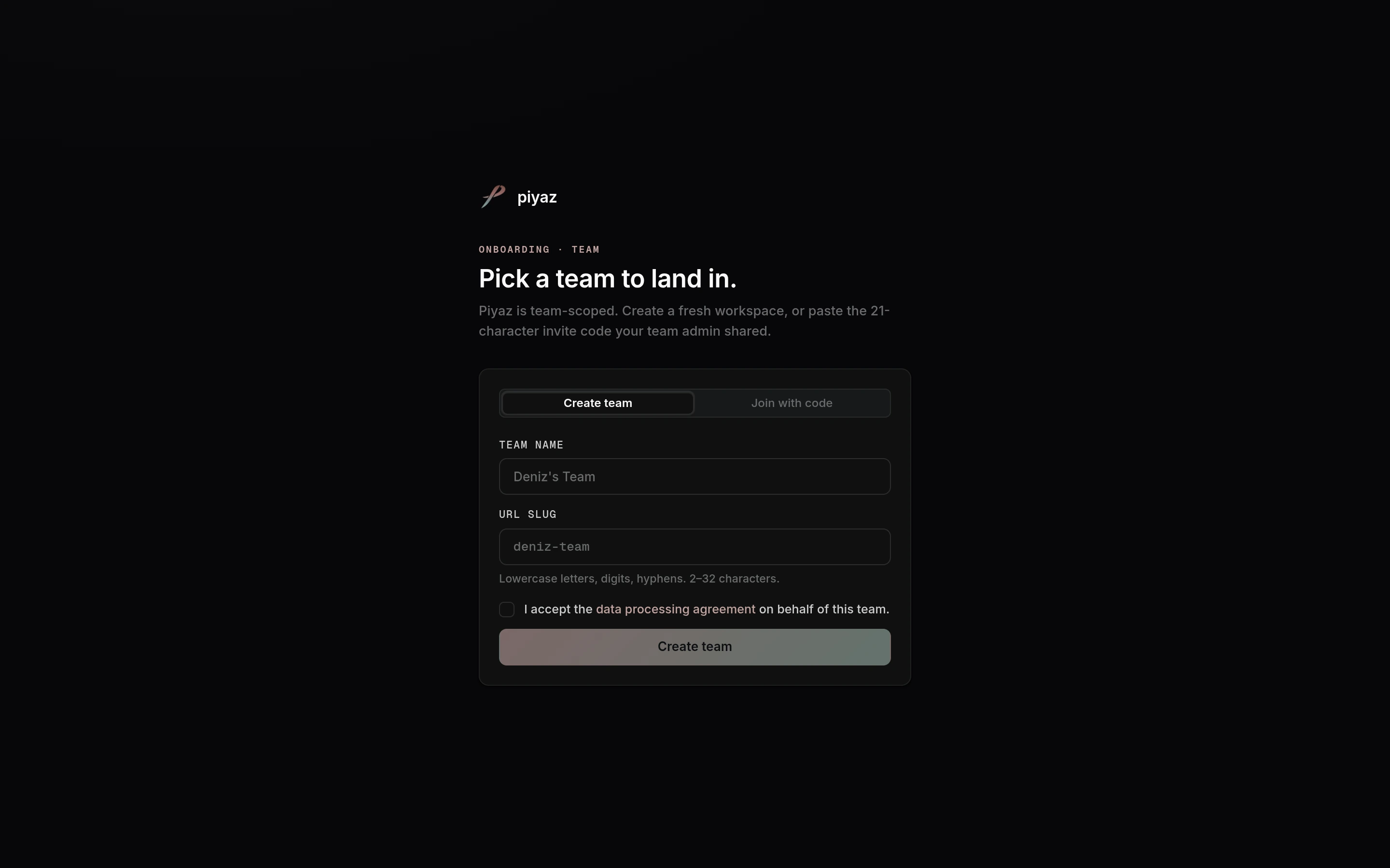 The onboarding page asking you to pick a team, with Create team and Join with code tabs