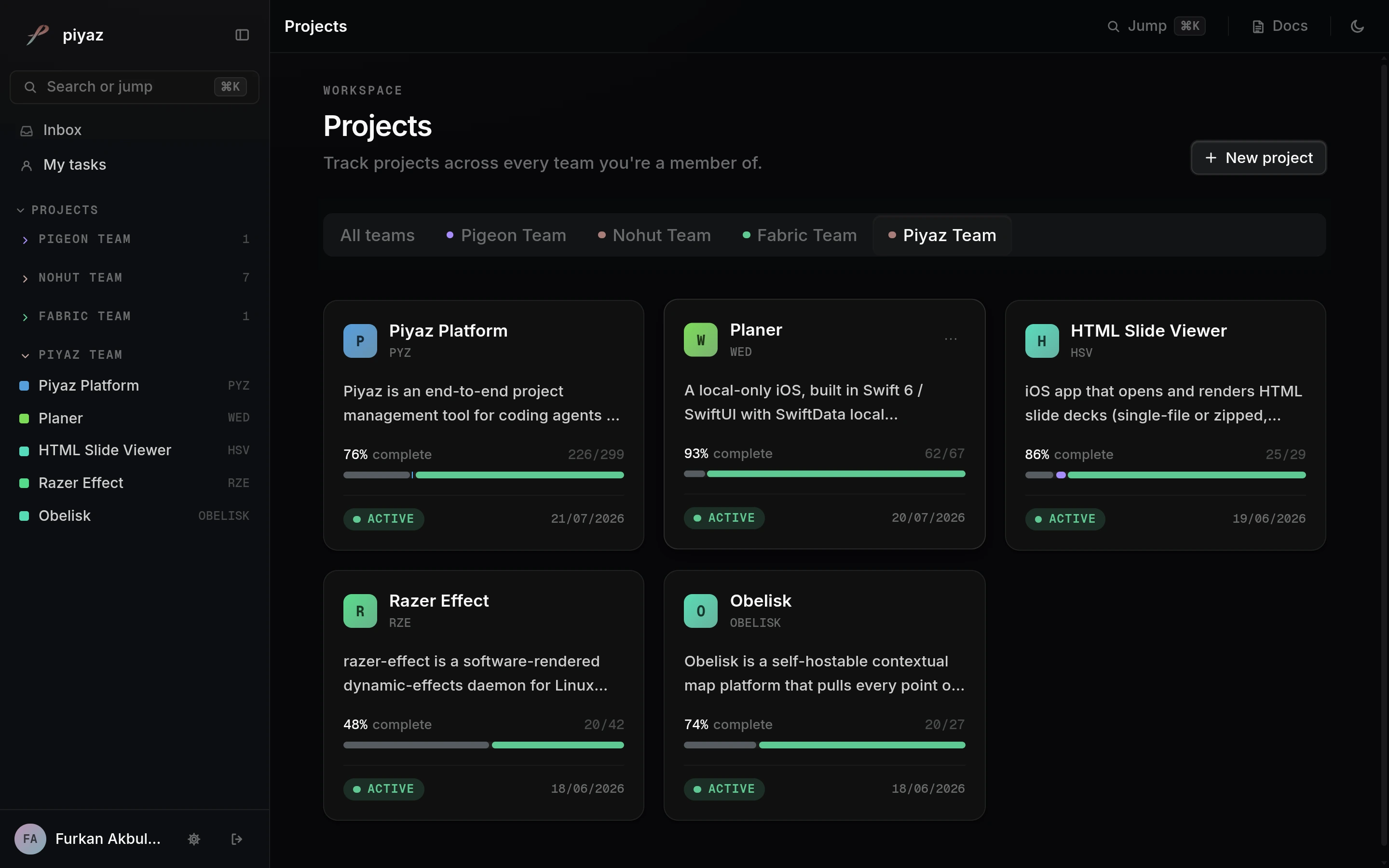 The Projects home page showing team filter tabs and a grid of project cards with progress bars