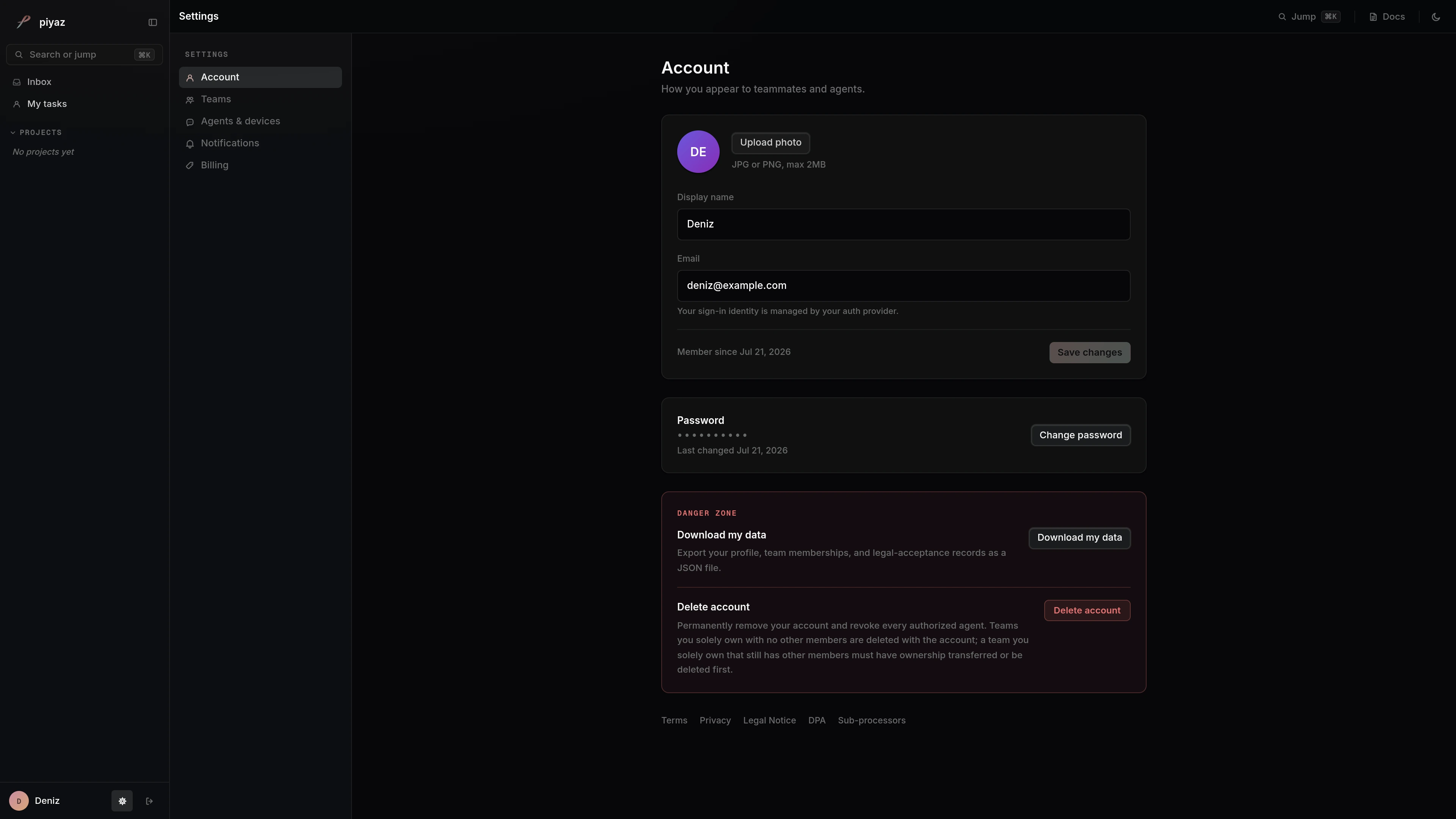 The Settings page showing the section rail and the Account section