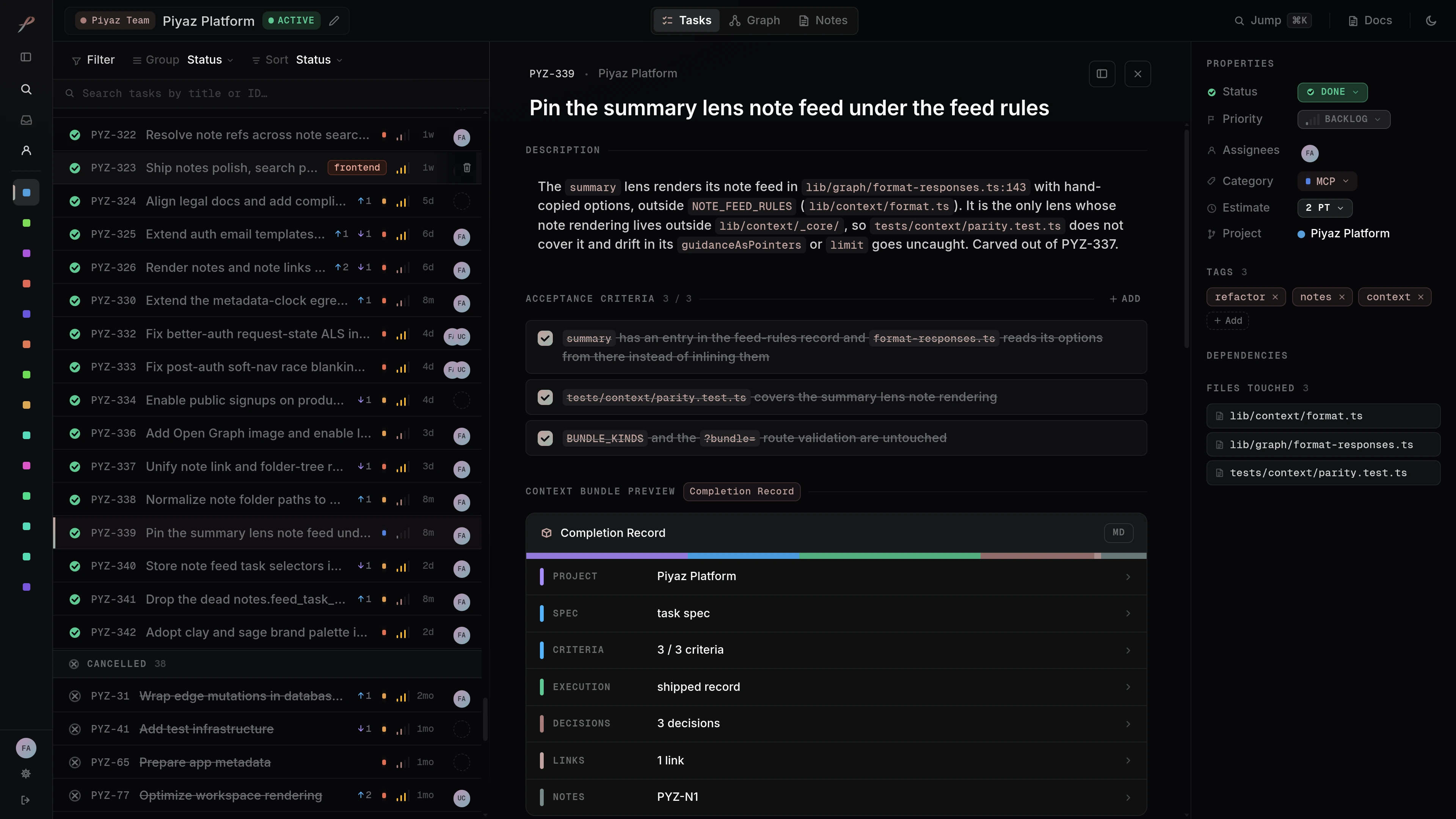 The workspace with the task list in the navigator, a done task open in the detail panel, and the property rail on the right